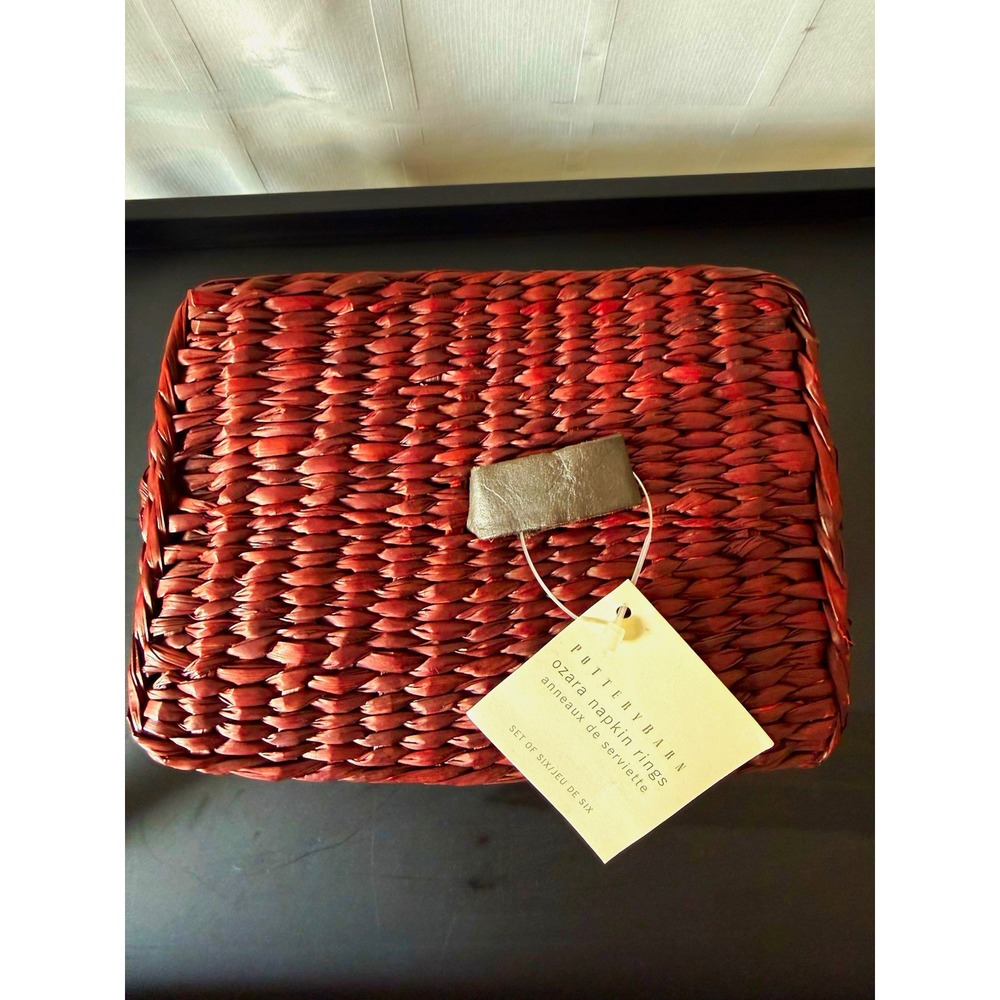 Vintage Pottery Barn Ozara Wicker Napkin Rings Brown Set of 6 w/Woven Basket Box